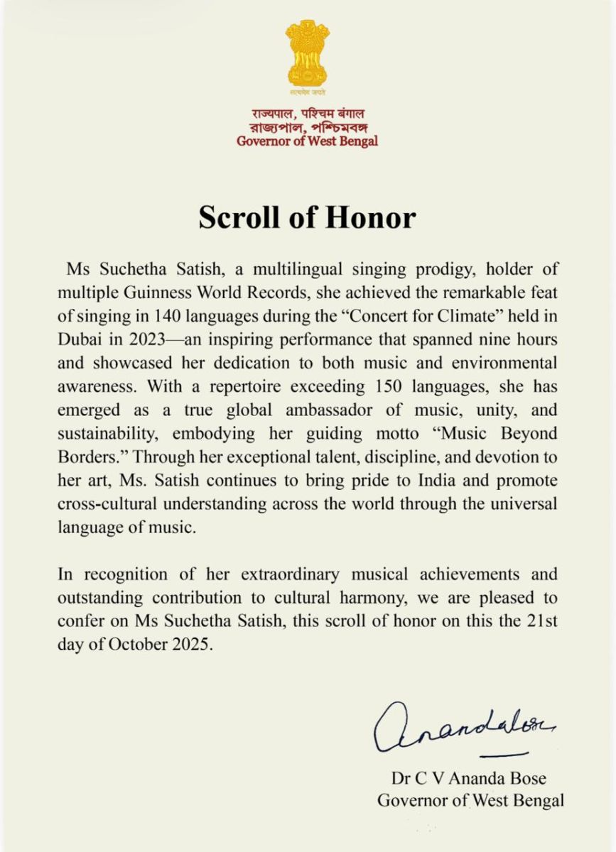 Scroll of Honor by Hon'ble Governor of West Bengal Dr CV Ananda Bose